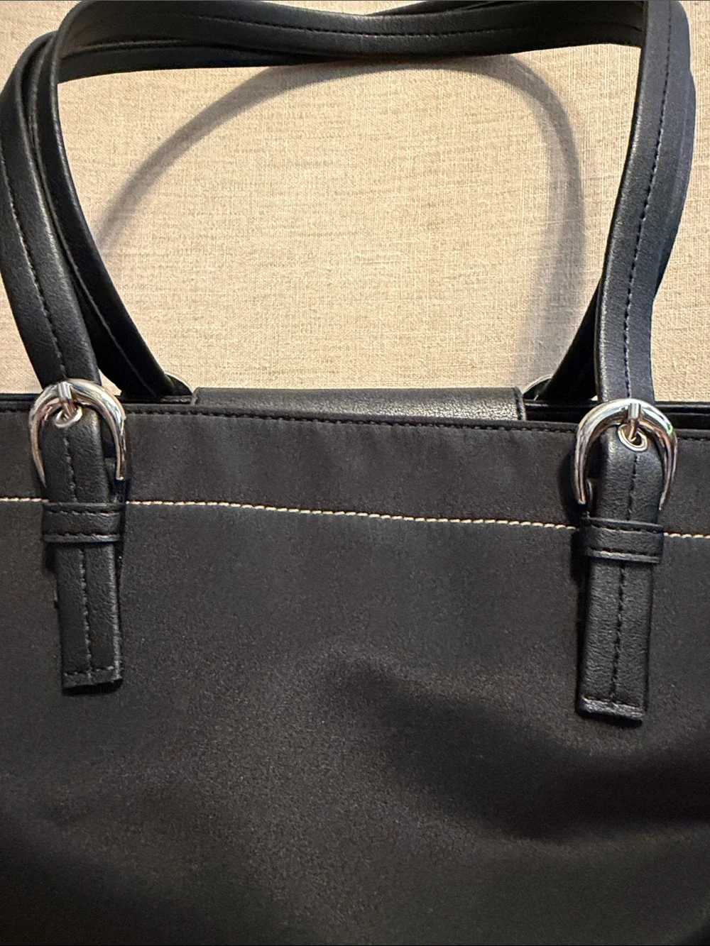 DKNYC Black Nylon Tote Bag with Leather Trim